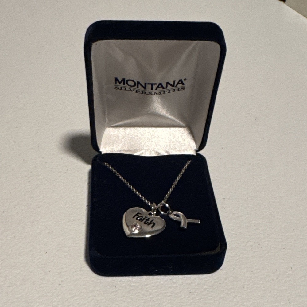 Montana Silversmiths Faith Heart Ribbon Charm Necklace Silver Cable, Engraved
